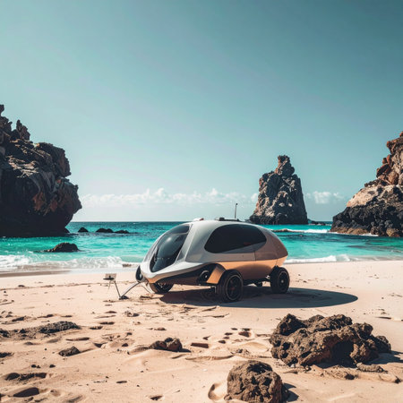 A vision of future travel and sustainable living, this futuristic camper pod rests on the sands of a secluded tropical beach. The serene scene evokes a sense of freedom, adventure, and peaceful escape into nature with modern comforts.の素材