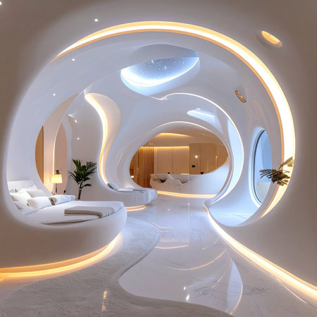 Step into a serene vision of the future. This elegant lobby features flowing, organic architecture and soft, ambient lighting, creating a tranquil and sophisticated atmosphere. Its a perfect representation of innovation, luxury, and minimalist design for forward-thinking concepts.の素材