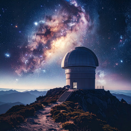 Perched atop a remote mountain peak, a silent observatory stands as a gateway to the cosmos. Above, the Milky Way galaxy unfolds in a breathtaking display of color and light, inviting humanity to explore the vast mysteries of the universe and dream of what lies beyond.の素材