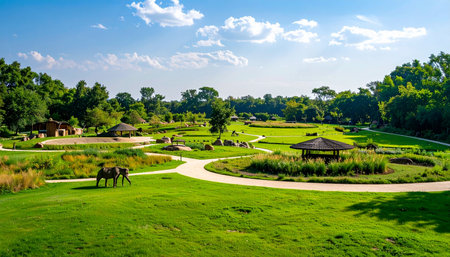 On a beautiful, sunny day, animals graze peacefully in a vast, open-air sanctuary. The rolling green hills and winding paths create an idyllic scene of nature and wildlife coexisting in a carefully preserved habitat, offering a tranquil escape.の素材