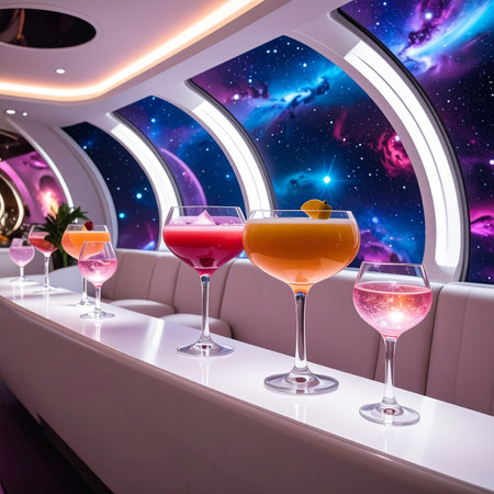 Colorful cocktails line the bar of a luxurious spaceship lounge, offering a moment of vibrant celebration against the breathtaking backdrop of a swirling nebula. This is the future of nightlife, a journey among the stars with a drink in hand.の素材