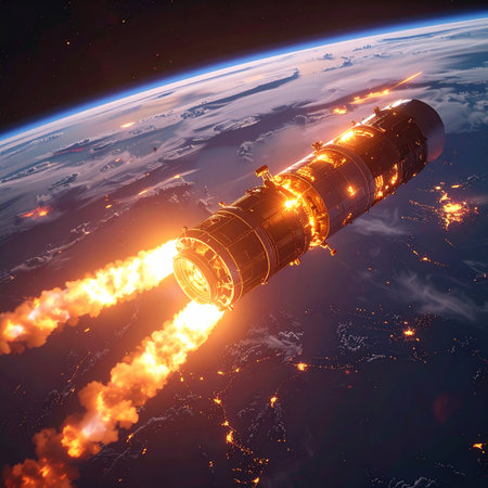 A futuristic spacecraft ignites its powerful engines, blazing a trail across the night sky as it orbits Earth. The glowing city lights below represent the world its leaving behind or protecting, on a mission of exploration and technological advancement in the vastness of space.の素材