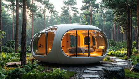 A futuristic pod cabin glows with warm light amidst a tranquil forest at dusk. This serene retreat offers a perfect blend of modern architectural innovation and a deep connection with nature, providing an ideal escape for solitude and relaxation.の素材