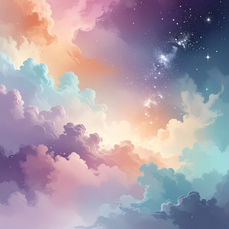 A breathtaking celestial scene where soft, pastel-colored clouds drift through a starry galaxy. This dreamlike skyscape evokes a sense of wonder, peace, and infinite imagination, perfect for projects needing a touch of magic and serenity.の素材