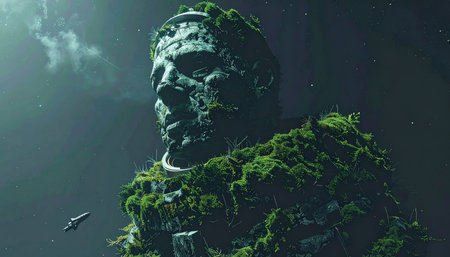 A lone futuristic vessel navigates a misty, alien sky, coming face to face with a forgotten titan of a lost world. This colossal stone guardian, reclaimed by nature and covered in moss, stands as a silent testament to a powerful, ancient civilization, creating a breathtaking scene of discovery and the immense scale of history.の素材
