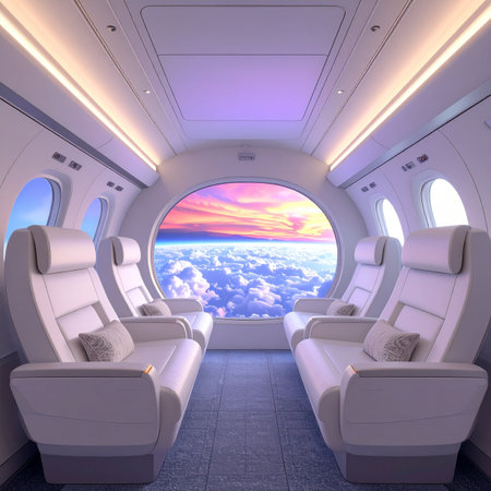 Step into the future of air travel. The serene cabin of this private jet offers an unparalleled first-class experience, with comfortable seats and a breathtaking panoramic window view of the sunset above a sea of clouds. Its a vision of luxury, innovation, and peaceful escape.の素材