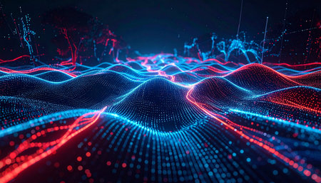 A vibrant stream of red and blue particles flows across a dynamic digital terrain, representing the complex and interconnected world of big data. This abstract landscape visualizes the constant motion of information, energy, and innovation in the cyberspace of tomorrow.の素材