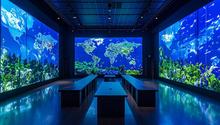 Step into the future in this immersive digital exhibit, where panoramic screens display a glowing world map and vibrant data visualizations. The serene, blue-lit room with modern seating invites contemplation on global connectivity, technological innovation, and the vastness of information in our interconnected world.の素材