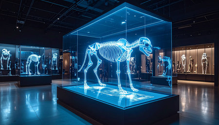 In a dimly lit hall of a modern museum, a luminous blue skeleton of an ancient predator is showcased in a glass display. This futuristic exhibit merges paleontology with advanced technology, offering a captivating glimpse into the intersection of natural history and digital innovation.の素材