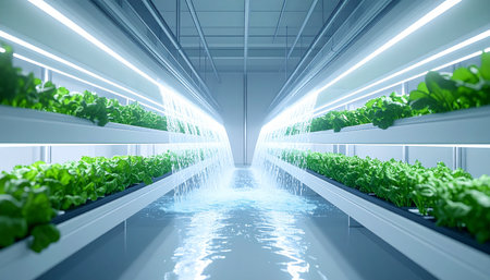 Step into the future of food production in this state-of-the-art vertical farm. Rows of vibrant green lettuce thrive under the glow of energy-efficient LED lights, a testament to sustainable innovation and the power of agricultural technology to feed a growing world.の素材