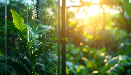 In a sun-drenched garden, advanced digital technology seamlessly integrates with nature. A transparent circuit board monitors a plants health, symbolizing a future where innovation and environmental sustainability grow in perfect harmony, powered by data and a respect for the ecosystem.の素材