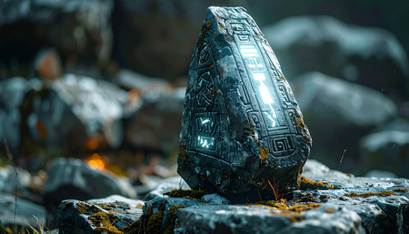 In the dim light of a forgotten cave, a mysterious alien artifact hums with latent energy. Its intricate, glowing circuits hold ancient secrets and untold power, waiting for a worthy discoverer to unlock its cosmic knowledge.の素材