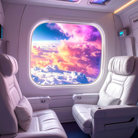 Gaze out the window of a first-class cabin on a journey to an unknown, magical destination. The world outside is a breathtaking canvas of pastel clouds over snow-capped peaks, promising an adventure into a realm of dreams and tranquility. This is the future of luxury travel, a peaceful escape above the world.の素材