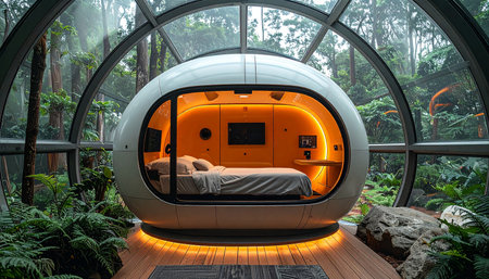 A glimpse into the future of eco-tourism. A person rests inside a futuristic sleeping pod, bathed in warm light, nestled within a magnificent glass biodome surrounded by a lush tropical jungle, blending high-tech comfort with natural serenity.の素材
