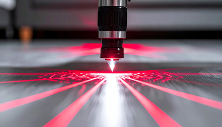 A close-up captures the pinnacle of modern manufacturing as a CNC laser cutting machine head precisely engraves a pattern onto a reflective metal sheet. The brilliant point of light and radiating red guide beams symbolize accuracy, automation, and the future of industrial technology.の素材