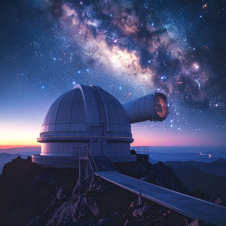Perched atop a mountain as twilight fades, a state-of-the-art observatory opens its eye to the cosmos. The magnificent arc of the Milky Way galaxy unfolds above, a breathtaking spectacle of cosmic dust and distant stars, inviting humanity to explore the infinite mysteries of the universe.の素材
