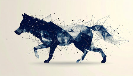 A digital representation of a wolf, formed by a complex network of nodes and lines, stalks forward. This abstract image symbolizes the intersection of primal instinct and futuristic technology, representing concepts like data flow, artificial intelligence, and digital transformation.の素材