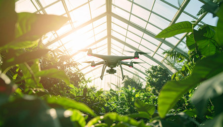 A state-of-the-art drone autonomously navigates through a sun-drenched greenhouse, using advanced sensors to monitor crop health. This image represents the future of agriculture, where technology and nature work in harmony to create a sustainable and efficient food supply.の素材