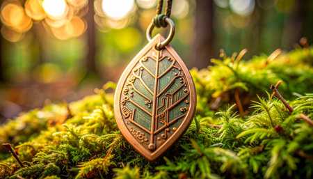 In the heart of an ancient, sun-dappled forest, a mystical leaf-shaped amulet rests upon a bed of soft moss. Its intricate details catch the warm, golden light, hinting at old magic, forgotten tales, and a deep connection to the natural world. A symbol of adventure and wisdom waiting to be discovered.の素材