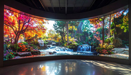 A stunning, curved panoramic LED screen brings a vibrant, fantastical forest to life in a modern exhibition space. The immersive digital art, with its glowing waterfall and colorful trees, creates a sense of wonder and escape, blending nature with futuristic technology.の素材