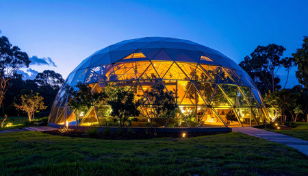 At the serene hour of twilight, a futuristic geodesic dome glows like a beacon of life. Inside this modern ark, a lush ecosystem thrives under the warm lights, a symbol of sustainable innovation and the harmonious blend of nature and technology.の素材