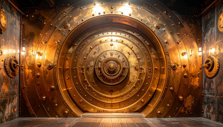 Behind this massive, intricately designed steampunk vault door lies a world of untold wealth and secrets. The warm, golden light illuminates the complex locking mechanism, hinting at the valuable treasures and opportunities protected within its impenetrable fortress.の素材