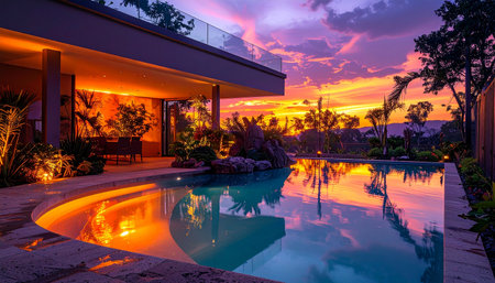 As twilight paints the sky in vibrant hues of purple and orange, a modern luxury villa glows with warm, inviting light. The tranquil pool perfectly mirrors the dramatic sunset, creating a serene and exclusive atmosphere for a perfect evening escape in paradise.の素材