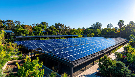 Bathed in bright sunlight, a modern solar panel installation seamlessly integrates with the lush, green landscape. This facility represents a commitment to a sustainable future, harnessing clean, renewable energy while coexisting in harmony with nature.の素材