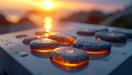 As the sun sets over the horizon, a collection of smooth, ancient stones mysteriously glows with a warm, inner light. Resting on a cool, wet surface, they seem to pulse with a serene energy, offering a moment of peace, balance, and magical tranquility in the fading twilight.の素材