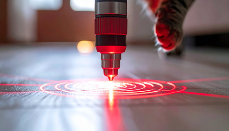 A concentrated beam of red light from a CNC laser cutter meticulously engraves a complex circular design onto a reflective surface. This image captures the essence of modern manufacturing, where automation, precision, and advanced technology converge to create intricate components with flawless accuracy.の素材
