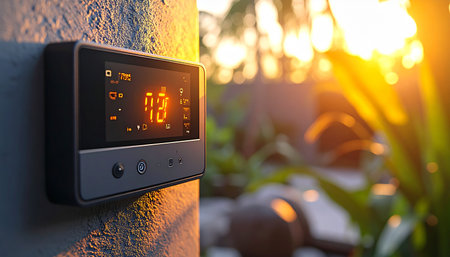 As the warm golden hour sun sets in the background, a modern smart thermostat on the wall maintains the perfect indoor climate. This image represents the intersection of technology, comfort, and energy efficiency in a contemporary home.の素材