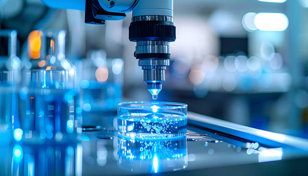 In a state-of-the-art laboratory, a robotic arm performs a delicate task with unparalleled precision, dispensing a single drop into a petri dish. This moment captures the cutting edge of scientific discovery and the automated future of medical breakthroughs.の素材