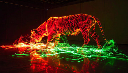 A spectral tiger, crafted from vibrant red and green light trails, prowls through the darkness. This long-exposure photograph captures the fusion of wild energy and futuristic technology, creating a dynamic and electrifying visual.の素材