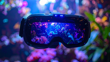 A virtual reality headset offers a glimpse into another dimension. Its lenses reflect a vibrant, glowing world of fantasy and exploration, set against a colorful, dreamlike background, symbolizing the portal to endless digital adventures and the future of entertainment.の素材