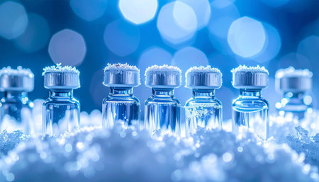 A row of glass vials, containing a potential life-saving vaccine, rests in a pristine, icy environment. The cool blue bokeh background symbolizes advanced technology, a scientific breakthrough, and the critical importance of cold chain logistics in delivering modern medicine globally.の素材