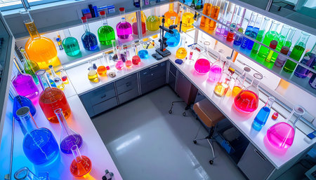 In a state-of-the-art laboratory, rows of beakers and flasks glow with vibrant, colorful liquids under bright lights. This high-tech environment hums with the silent potential of a major scientific breakthrough, representing the cutting edge of research, innovation, and discovery.の素材