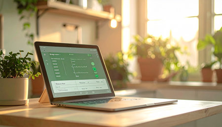 A modern laptop sits on a wooden desk, bathed in the warm glow of morning sunlight. Surrounded by lush green houseplants, this tranquil home office scene represents a perfect balance between technology and nature, ideal for concepts of remote work, well-being, and sustainable living.の素材