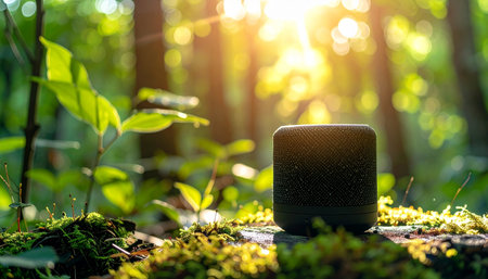 A portable smart speaker rests on a mossy log, bringing music and connectivity to the heart of a tranquil, sun-drenched forest. This image represents the perfect harmony between modern technology and the peaceful serenity of the natural world.の素材
