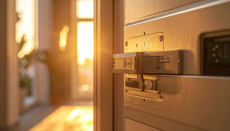 A heavy steel vault door, its intricate locking mechanism in sharp focus, swings open to reveal a hallway bathed in the warm, golden light of sunrise. This powerful image symbolizes new beginnings, unlocking potential, and the dawn of a new opportunity after overcoming challenges. It evokes a sense of hope, security, and future success.の素材