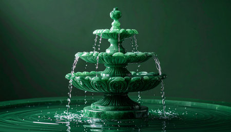 A classic, tiered fountain bathed in a mysterious emerald green light. Water gracefully cascades from one level to the next, creating gentle splashes and ripples in the basin below. The monochromatic scene evokes a sense of deep tranquility and surreal elegance, perfect for concepts of serenity, continuous flow, and timeless luxury.の素材