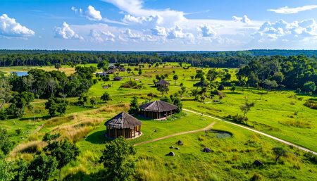 An aerial drone captures a breathtaking view of traditional thatched-roof lodges nestled in a vast, vibrant green savanna. This secluded eco-resort offers a peaceful escape into nature, representing sustainable tourism, tranquility, and the spirit of African adventure.の素材