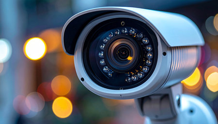 A modern surveillance camera stands as a silent sentinel, its lens focused on protecting the urban landscape. In the background, the vibrant city lights blur into a beautiful bokeh, symbolizing the life it watches over, ensuring safety and security around the clock.の素材