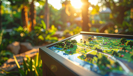 A detailed scale model of a future sustainable community rests in a lush garden, bathed in the warm, optimistic glow of the rising sun. This diorama represents a vision for green urban planning, blending innovative architecture with the tranquility of nature.の素材