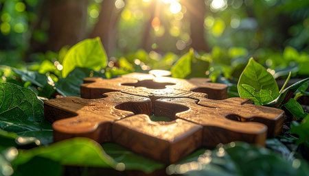 In the heart of a sun-drenched forest, wooden puzzle pieces find their perfect fit amidst a bed of vibrant ivy. This image symbolizes the beauty of natural solutions, ecological harmony, and the moment when everything connects perfectly.の素材