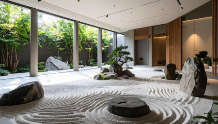 Sunlight streams through expansive windows, illuminating a meticulously crafted indoor Zen garden. The raked white sand creates patterns of flowing water around ancient stones and a sculpted bonsai, offering a sanctuary of peace and mindfulness within a modern, luxurious architectural space. This is a perfect visual for concepts of tranquility, balance, and sophisticated wellness.の素材