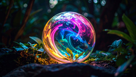 Deep within an ancient, enchanted forest, a mysterious crystal orb rests on the mossy ground. It pulses with a vibrant, otherworldly light, its core swirling with the cosmic colors of magic and prophecy, holding secrets of the future for those who dare to look.の素材