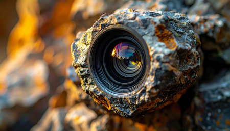 Hidden within the rugged texture of nature, a silent, watchful eye observes the world. This fusion of technology and the natural environment evokes themes of secret surveillance, undiscovered wildlife, and the ever-present mystery of what lies just beyond our sight.の素材