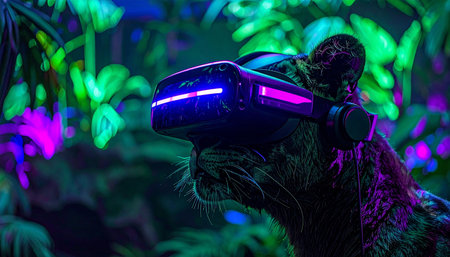 In a jungle of the future, where nature and technology collide, a tiger experiences a new reality. Bathed in the neon glow of bioluminescent flora, it explores a digital world through a VR headset, representing a surreal fusion of the wild and the virtual.の素材
