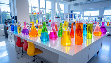 In a sunlit, state-of-the-art laboratory, a vibrant array of colorful chemical solutions sits ready for the next big breakthrough. This scene represents the intersection of creativity and scientific precision, a place where innovation, research, and discovery come to life.の素材