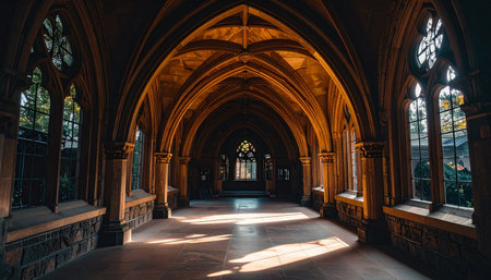 Sunlight streams through ornate gothic windows, casting long shadows across the stone floor of an ancient, empty cloister. The vaulted wooden ceiling and repeating arches create a sense of profound history and quiet contemplation, inviting the viewer on a journey through time.の素材
